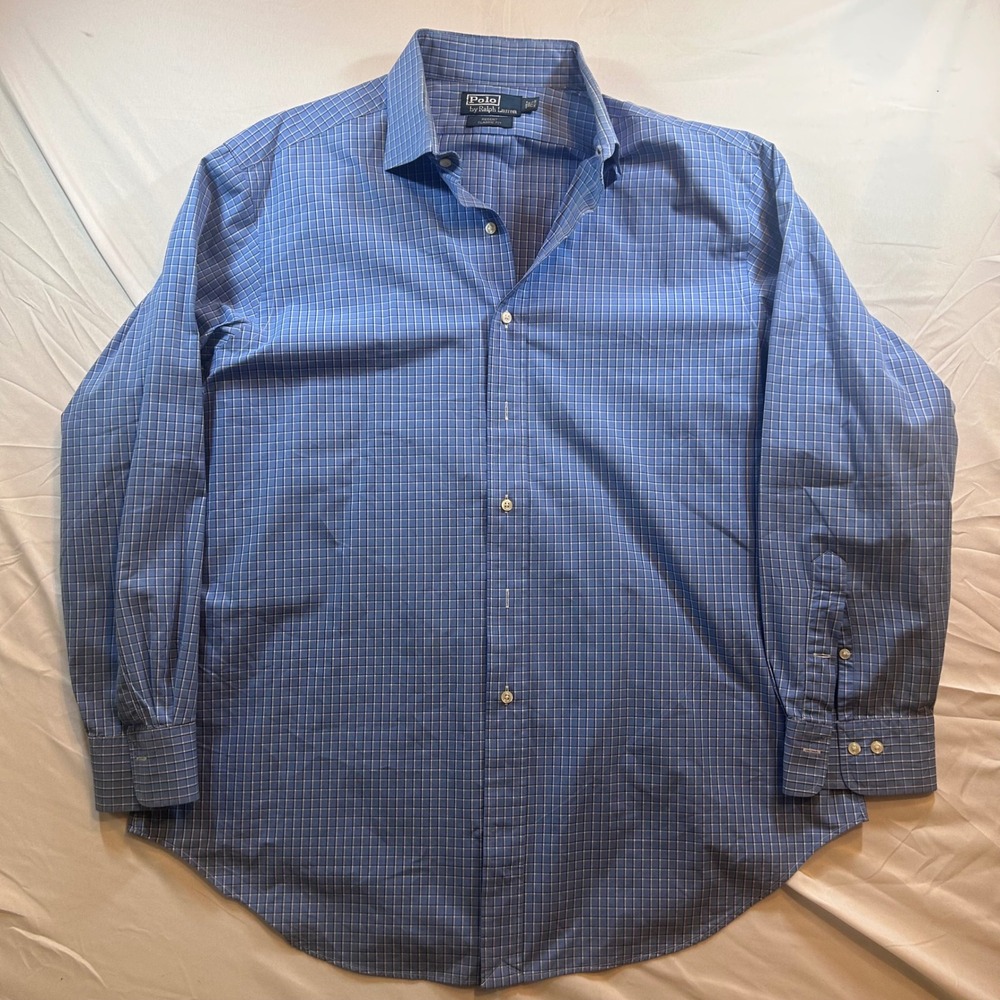 Polo Ralph Lauren Regent Classic Fit Blue Grid Dress Shirt 17.5 34/35 Mens XL